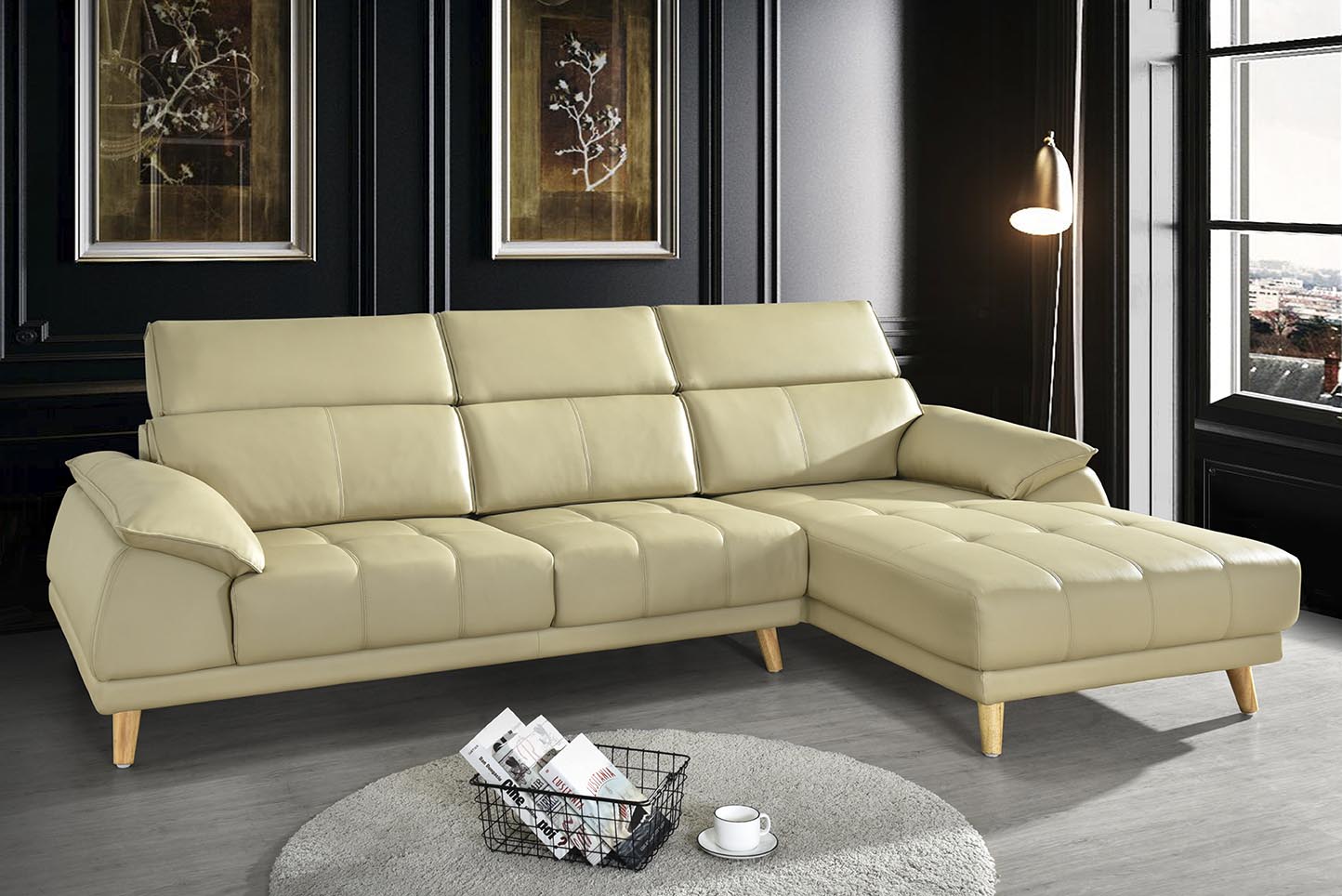 Rossie L Shaped Full Thick Leather Sofa, Leather Couch L Shape